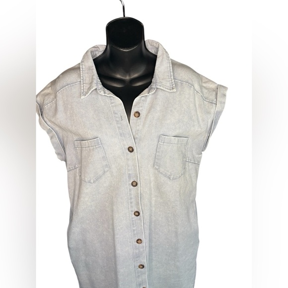 She + Sky Full Size denim Folded Cuff Button Down Washed Twill Shirt Dress sz L - Picture 5 of 8